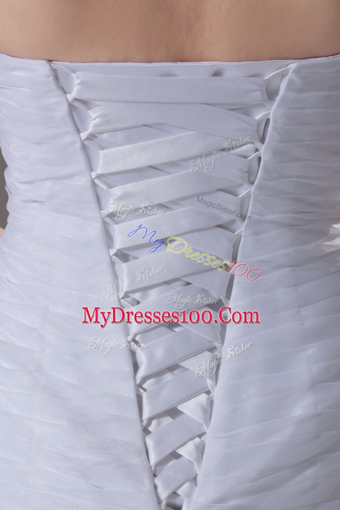 Clearance White Strapless Lace Up Ruffles Wedding Gown Brush Train Sleeveless