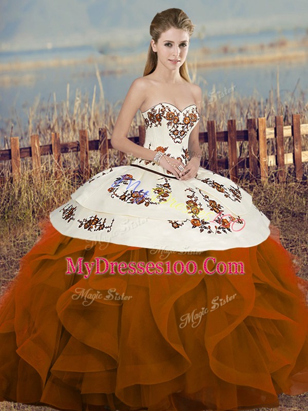 Tulle Sleeveless Floor Length Quince Ball Gowns and Embroidery and Ruffles and Bowknot