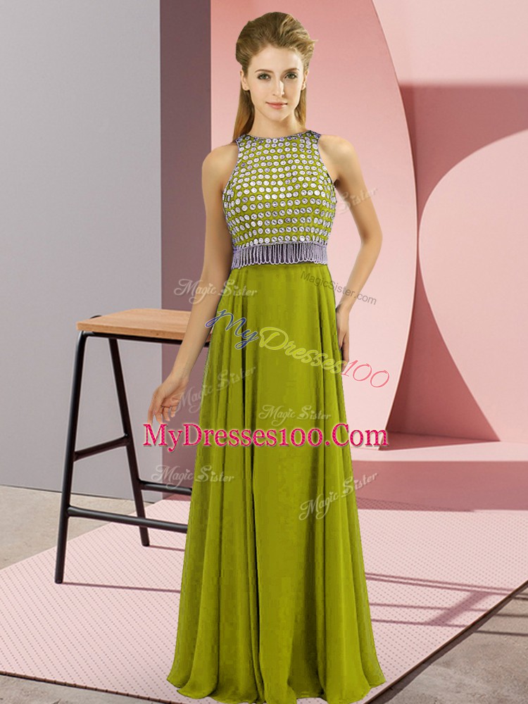 Olive Green Organza Side Zipper Scoop Sleeveless Asymmetrical Beading