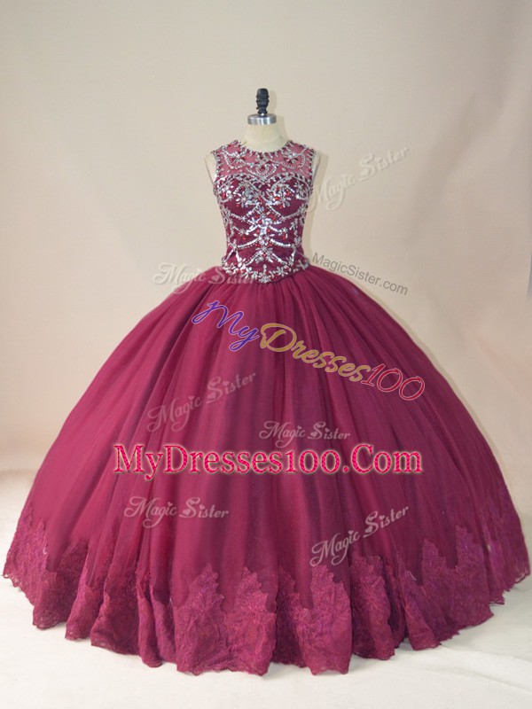 Artistic Scoop Long Sleeves Sweet 16 Quinceanera Dress Floor Length Beading and Appliques Burgundy Tulle