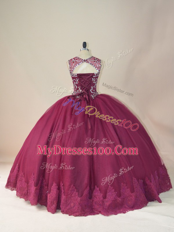 Artistic Scoop Long Sleeves Sweet 16 Quinceanera Dress Floor Length Beading and Appliques Burgundy Tulle