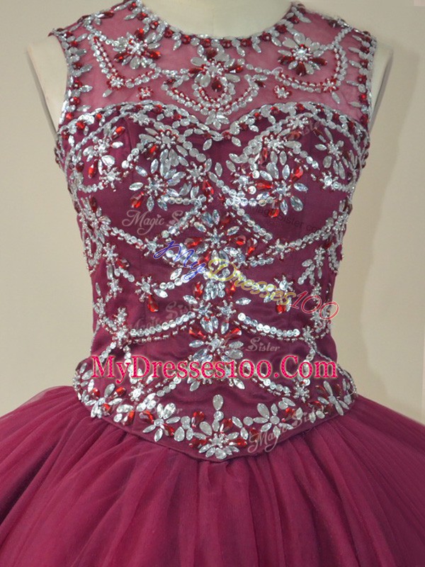 Artistic Scoop Long Sleeves Sweet 16 Quinceanera Dress Floor Length Beading and Appliques Burgundy Tulle