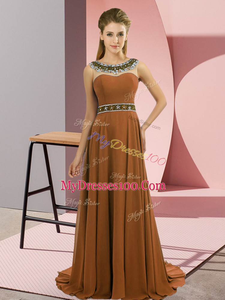 Brown Zipper Scoop Beading Prom Dress Chiffon Sleeveless Brush Train