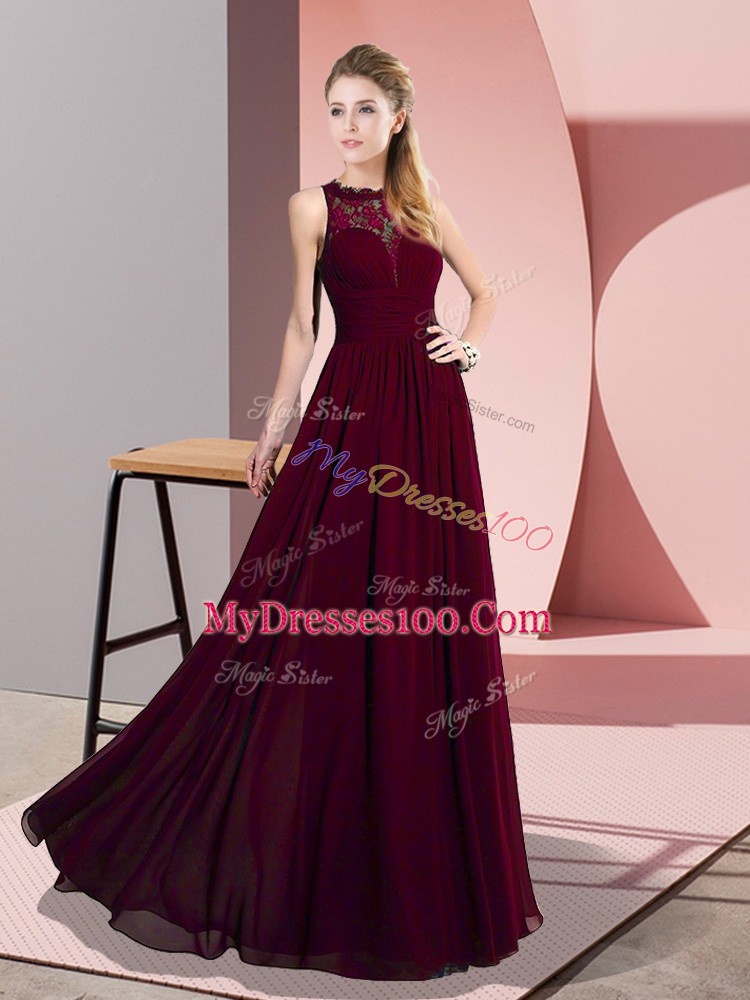 Burgundy Sleeveless Lace Floor Length Dress for Prom