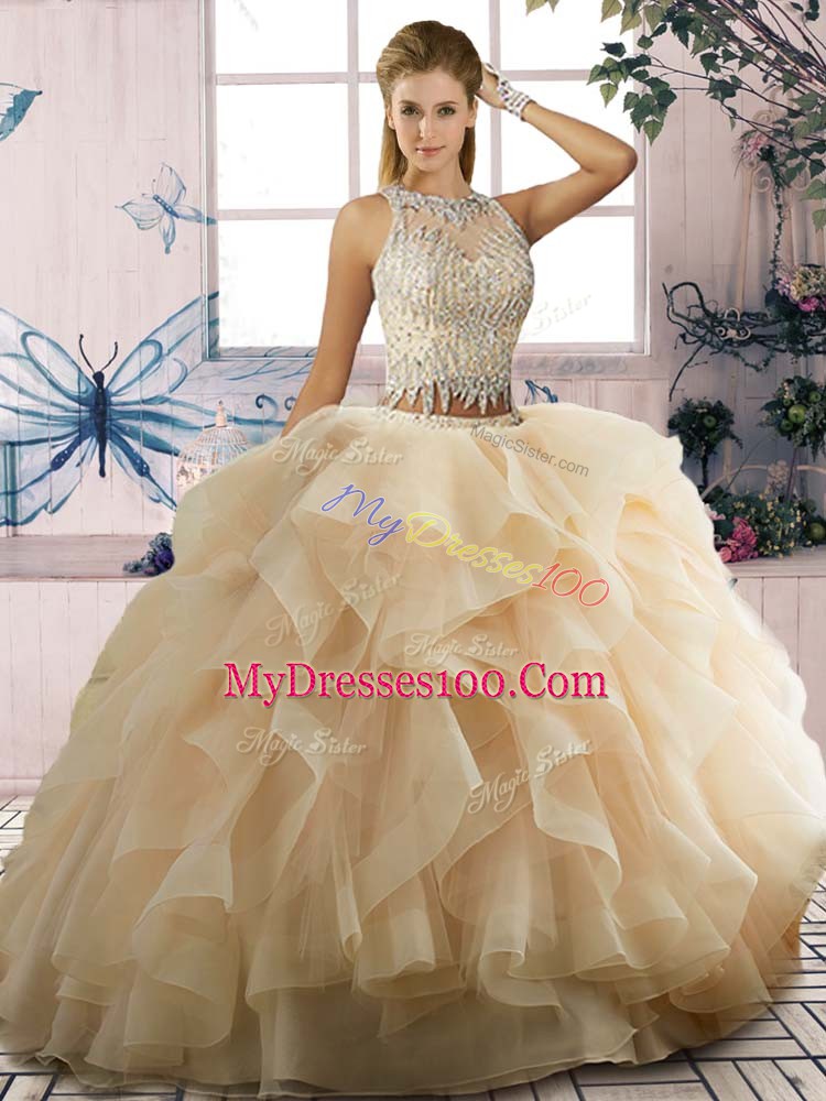 Champagne Lace Up Quince Ball Gowns Ruffles Sleeveless Floor Length