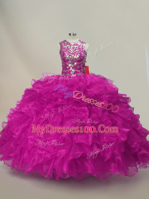 Enchanting Scoop Sleeveless Lace Up Sweet 16 Dress Fuchsia Organza