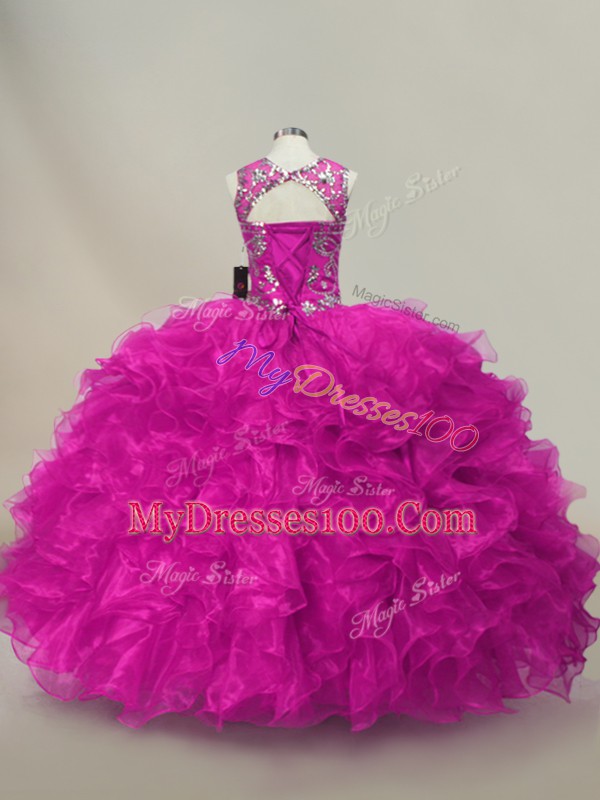Enchanting Scoop Sleeveless Lace Up Sweet 16 Dress Fuchsia Organza