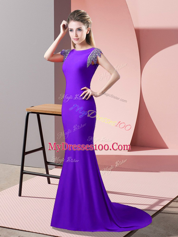 On Sale Lavender Prom Dresses Prom and Party with Beading High-neck Short Sleeves Brush Train Backless