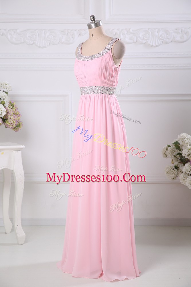 High Quality Baby Pink Scoop Side Zipper Beading and Ruching Prom Dress Sleeveless