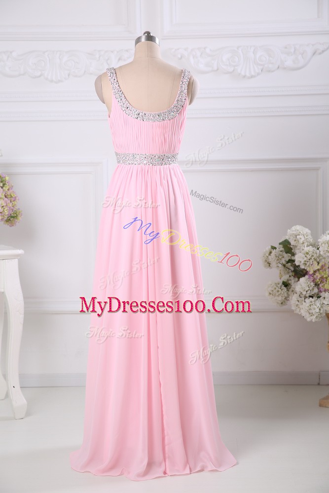 High Quality Baby Pink Scoop Side Zipper Beading and Ruching Prom Dress Sleeveless