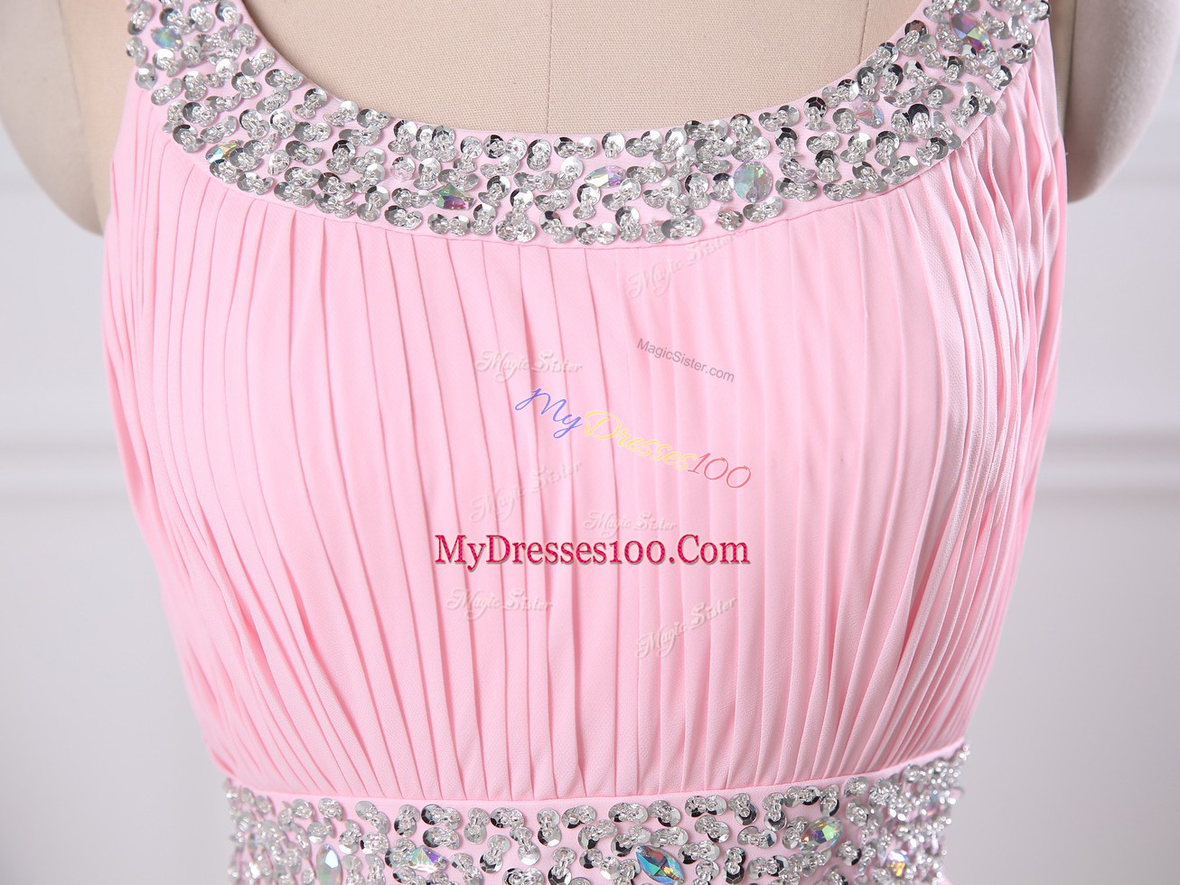 High Quality Baby Pink Scoop Side Zipper Beading and Ruching Prom Dress Sleeveless