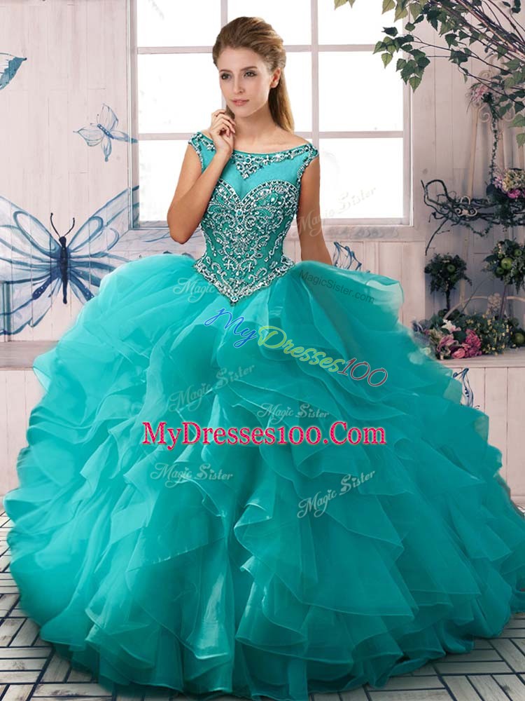 Aqua Blue Ball Gowns Organza Scoop Sleeveless Beading and Ruffles Floor Length Zipper 15th Birthday Dress