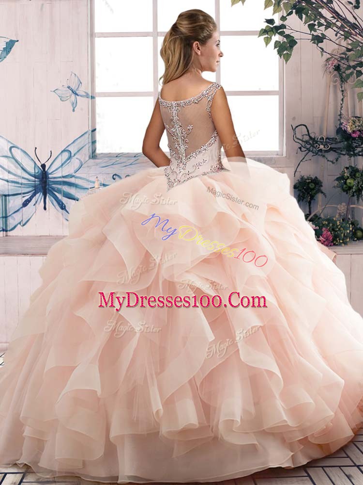 Aqua Blue Ball Gowns Organza Scoop Sleeveless Beading and Ruffles Floor Length Zipper 15th Birthday Dress