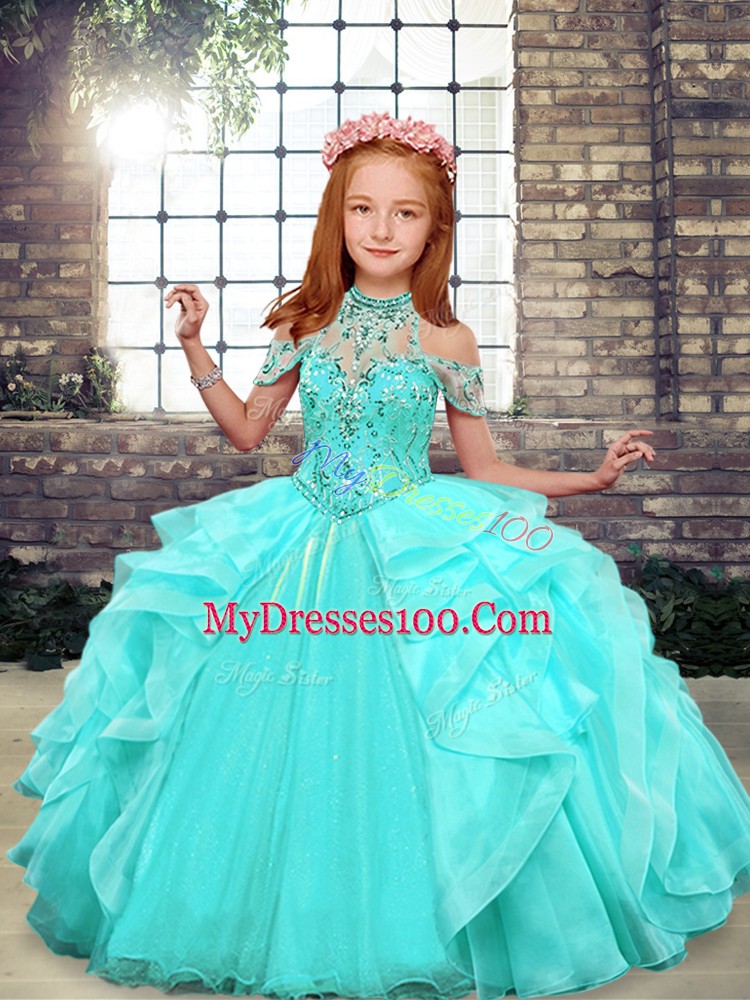 Customized Aqua Blue Sleeveless Organza Lace Up Pageant Dress Womens for Party and Wedding Party