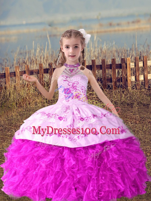 Cute Sleeveless Beading and Embroidery and Ruffles Lace Up Pageant Gowns For Girls