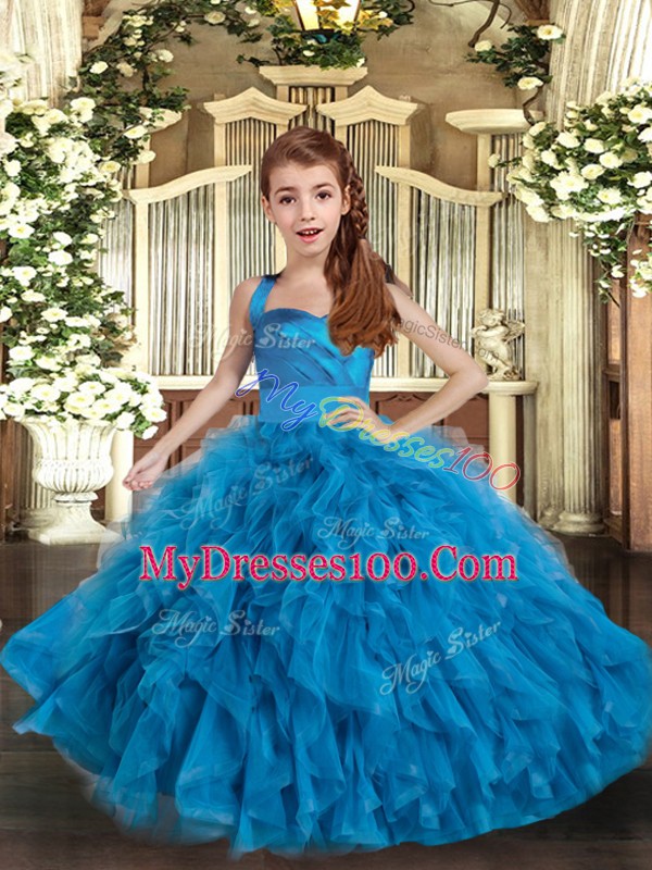 Blue Lace Up Straps Ruffles Custom Made Pageant Dress Tulle Sleeveless