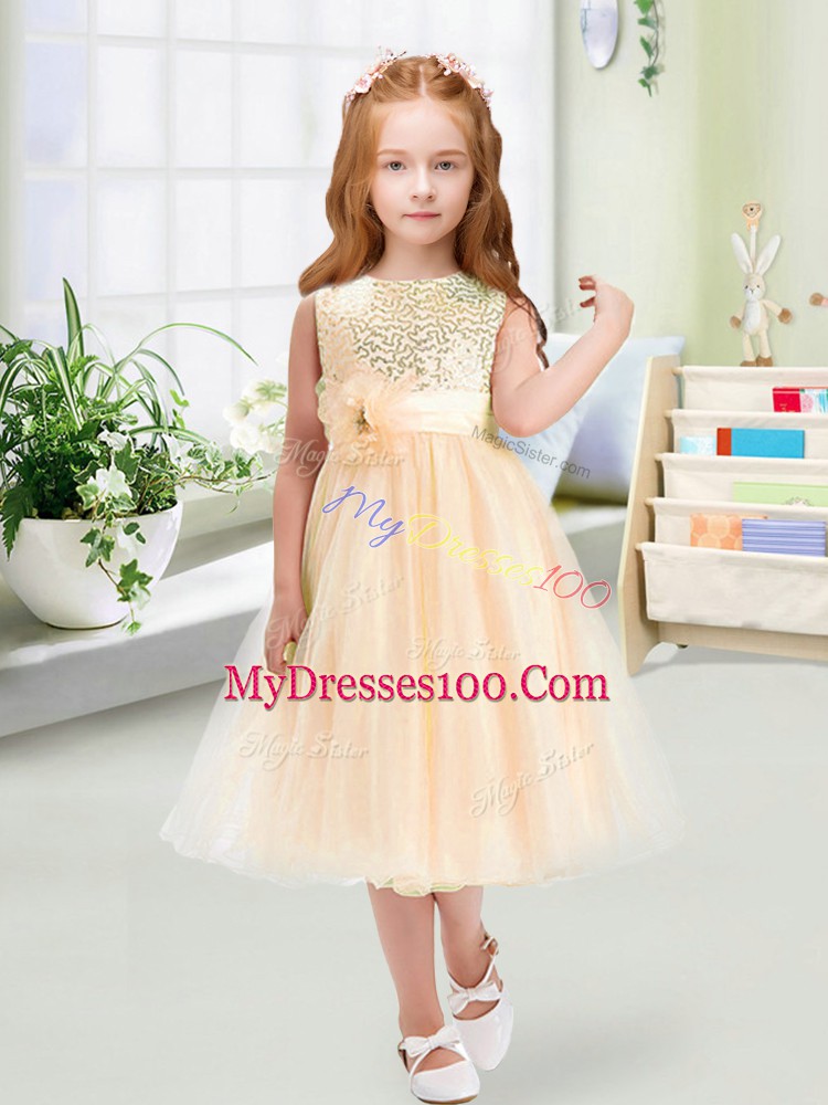 Champagne Scoop Neckline Sequins and Hand Made Flower Flower Girl Dresses Sleeveless Zipper