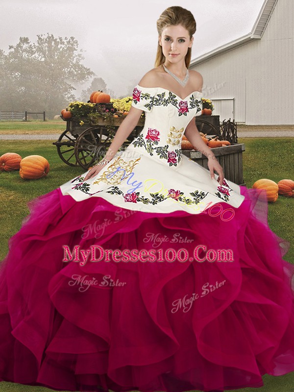Fuchsia Ball Gowns Tulle Off The Shoulder Sleeveless Embroidery and Ruffles Floor Length Lace Up Sweet 16 Quinceanera Dress