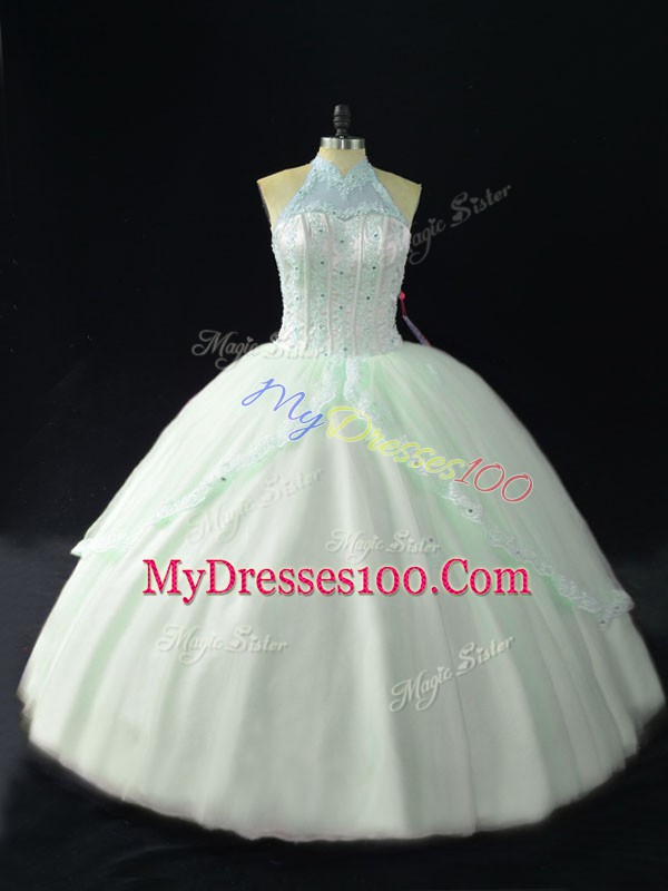 Flirting Apple Green Lace Up Halter Top Beading Sweet 16 Quinceanera Dress Tulle Sleeveless