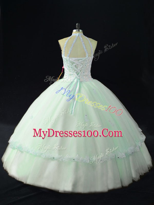 Flirting Apple Green Lace Up Halter Top Beading Sweet 16 Quinceanera Dress Tulle Sleeveless