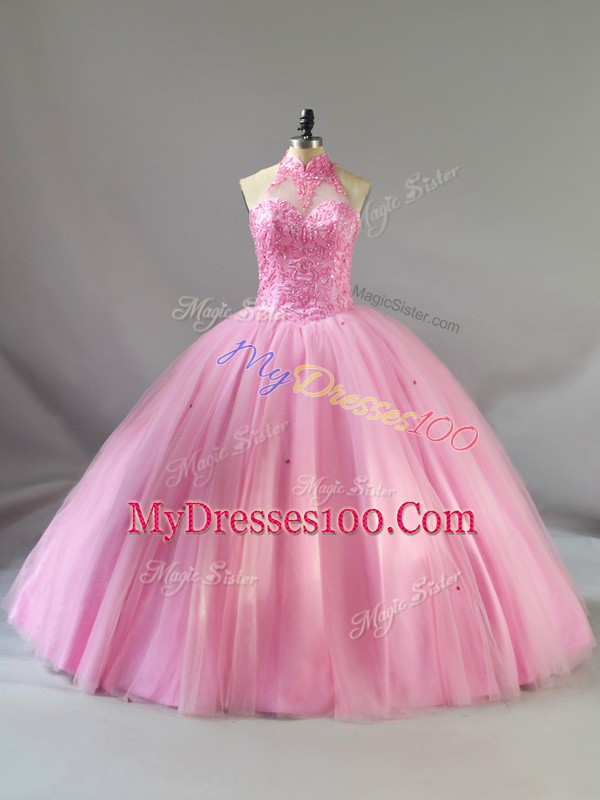 Baby Pink Sleeveless Tulle Lace Up Quinceanera Dresses for Sweet 16 and Quinceanera