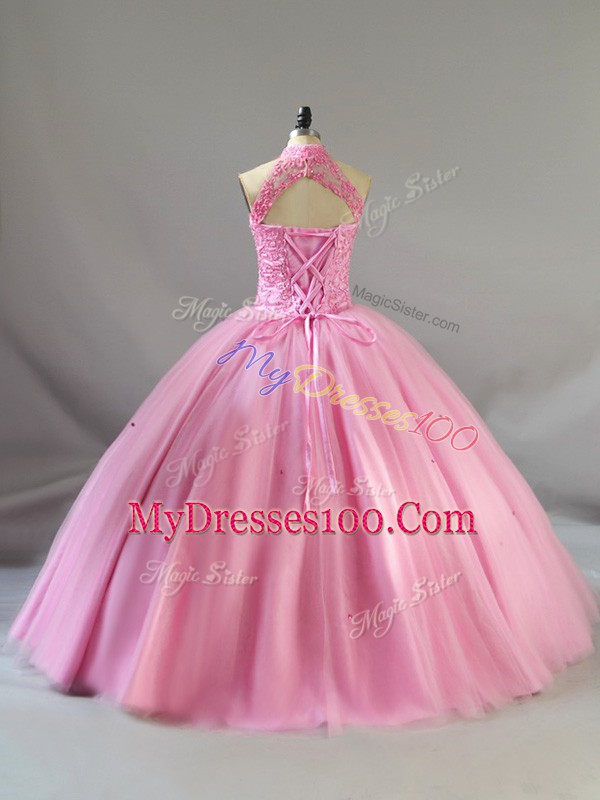 Baby Pink Sleeveless Tulle Lace Up Quinceanera Dresses for Sweet 16 and Quinceanera