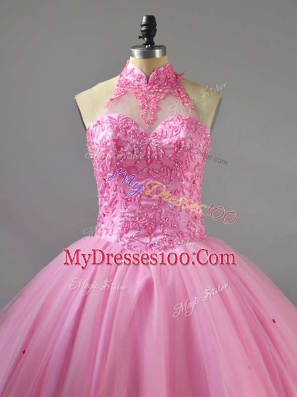 Baby Pink Sleeveless Tulle Lace Up Quinceanera Dresses for Sweet 16 and Quinceanera