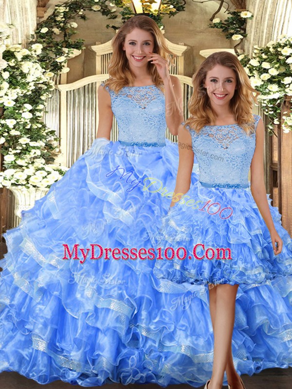 Eye-catching Light Blue Organza Zipper Sweet 16 Quinceanera Dress Sleeveless Floor Length Lace and Ruffled Layers