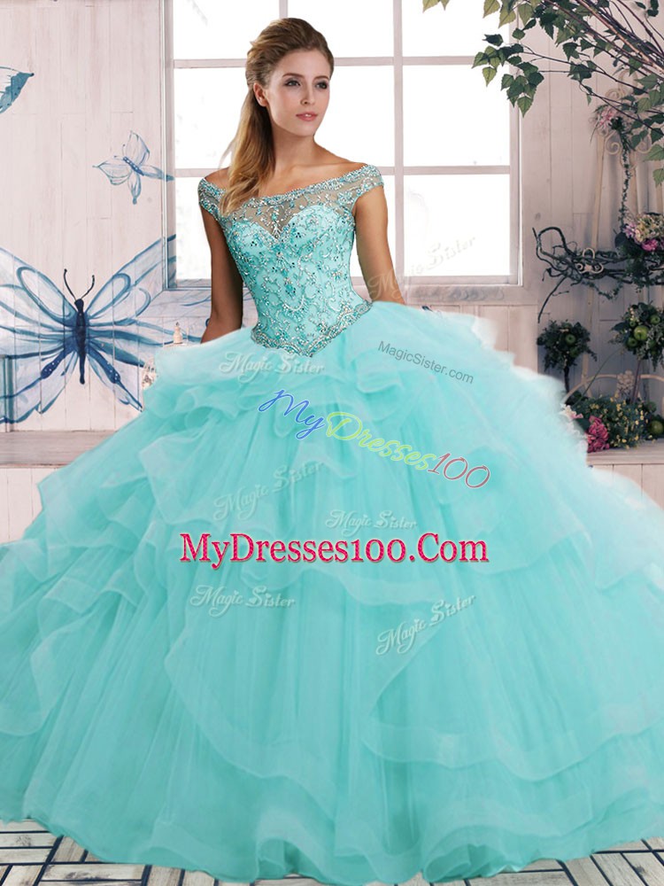 Floor Length Aqua Blue Quinceanera Gowns Off The Shoulder Sleeveless Lace Up