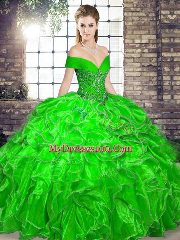 Customized Sleeveless Organza Floor Length Lace Up Quinceanera Gowns in Green with Beading and Ruffles