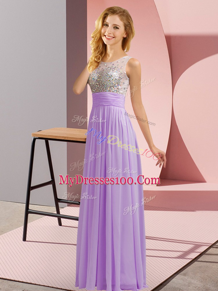 Fantastic Floor Length Lavender Dama Dress Chiffon Sleeveless Beading