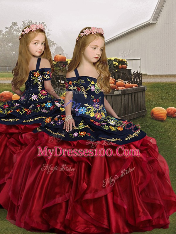 Cheap Organza Straps Sleeveless Lace Up Embroidery and Ruffles Girls Pageant Dresses in Wine Red