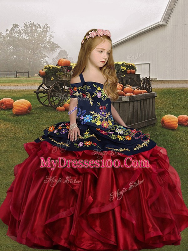 Cheap Organza Straps Sleeveless Lace Up Embroidery and Ruffles Girls Pageant Dresses in Wine Red
