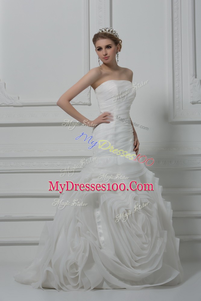 Fabric With Rolling Flowers Strapless Sleeveless Brush Train Lace Up Ruching Wedding Dress in White