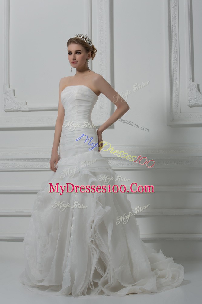 Fabric With Rolling Flowers Strapless Sleeveless Brush Train Lace Up Ruching Wedding Dress in White