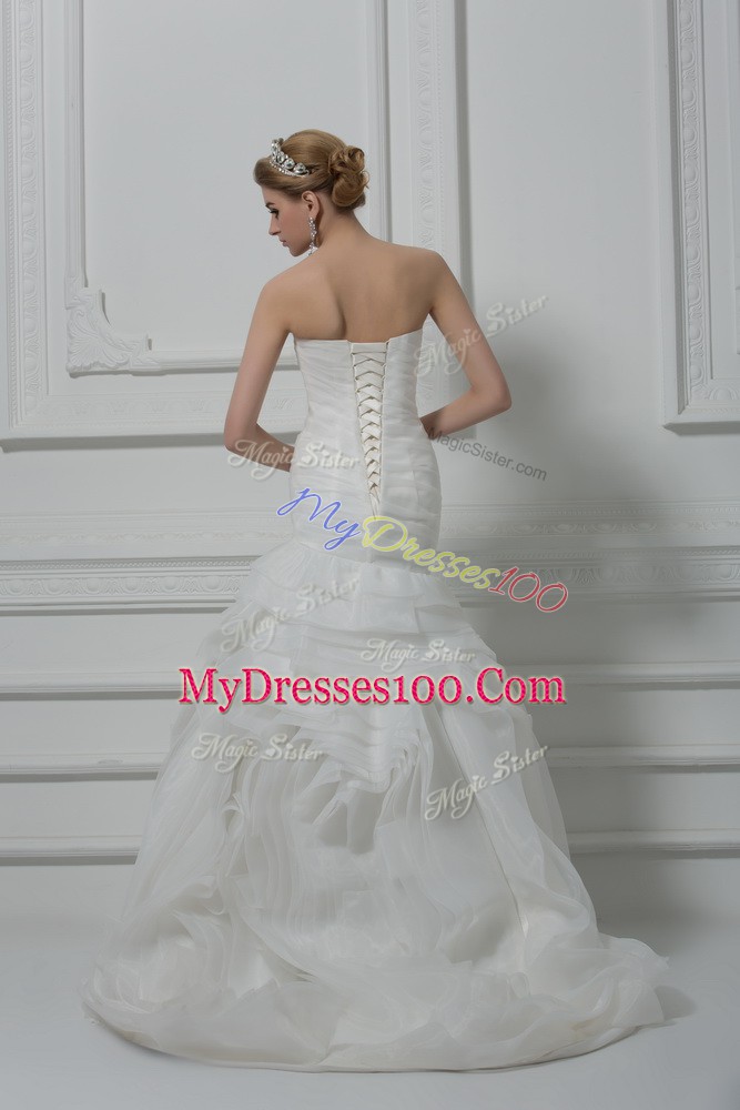 Fabric With Rolling Flowers Strapless Sleeveless Brush Train Lace Up Ruching Wedding Dress in White