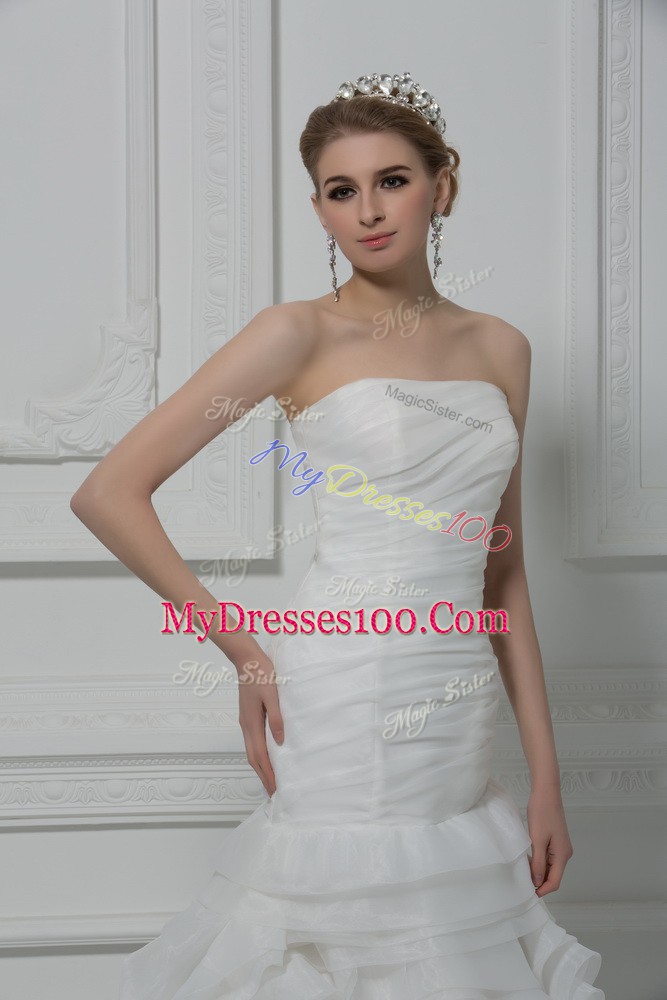 Fabric With Rolling Flowers Strapless Sleeveless Brush Train Lace Up Ruching Wedding Dress in White