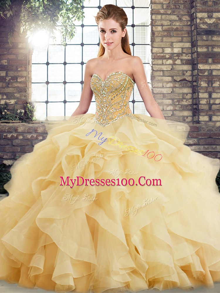 Charming Gold Ball Gowns Tulle Sweetheart Sleeveless Beading and Ruffles Lace Up Quince Ball Gowns Brush Train