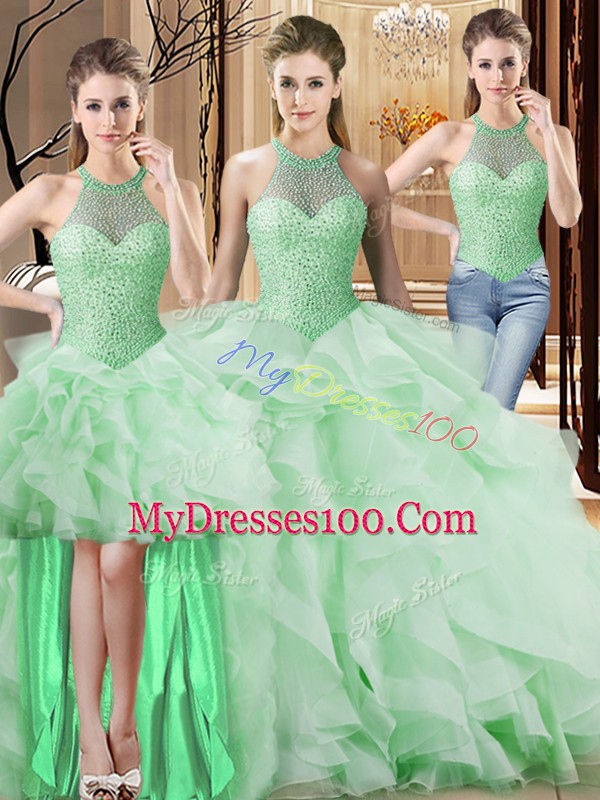 Beading and Ruffles Vestidos de Quinceanera Apple Green Lace Up Sleeveless Brush Train
