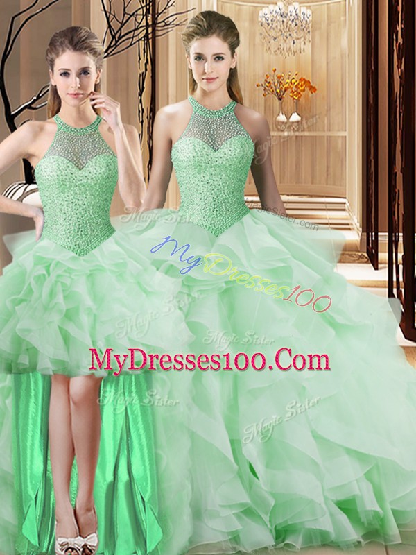 Beading and Ruffles Vestidos de Quinceanera Apple Green Lace Up Sleeveless Brush Train