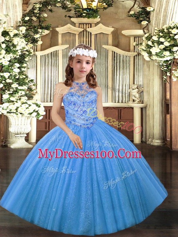 Baby Blue Pageant Gowns For Girls Party and Wedding Party with Beading Halter Top Sleeveless Lace Up