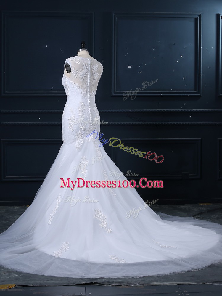 Spectacular White Clasp Handle Scoop Lace Wedding Gowns Tulle Sleeveless Brush Train