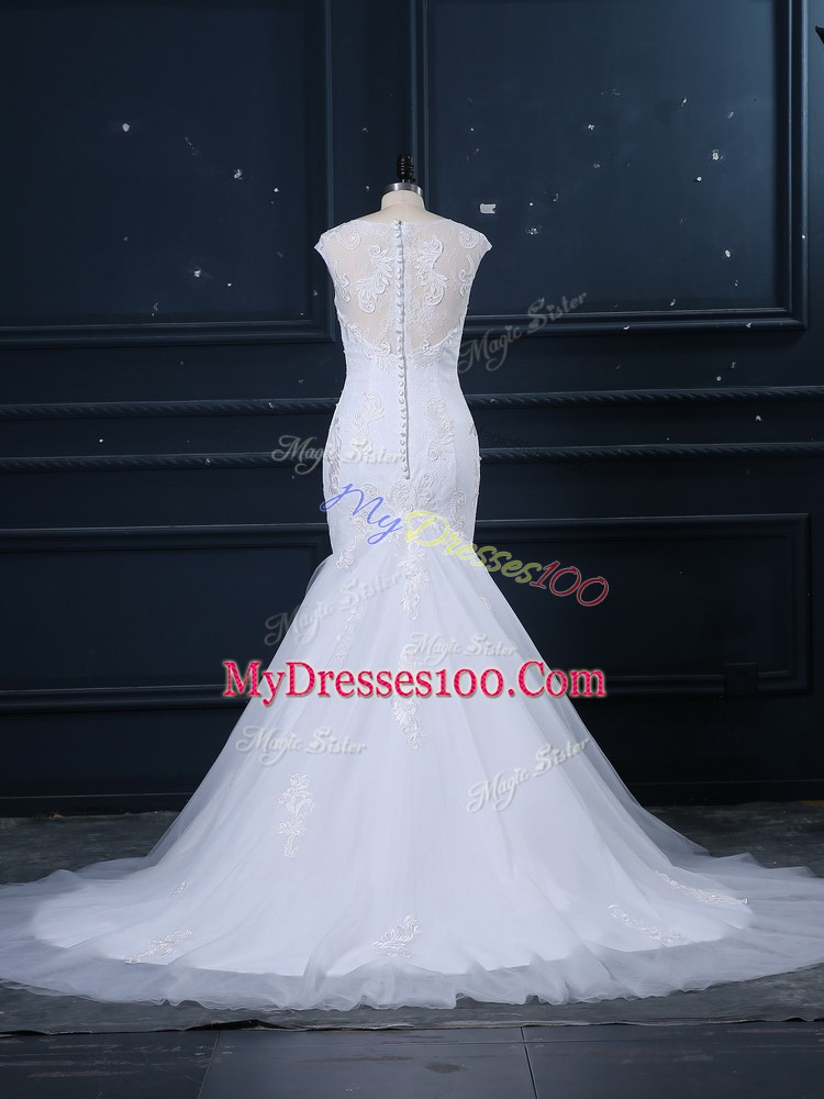Spectacular White Clasp Handle Scoop Lace Wedding Gowns Tulle Sleeveless Brush Train