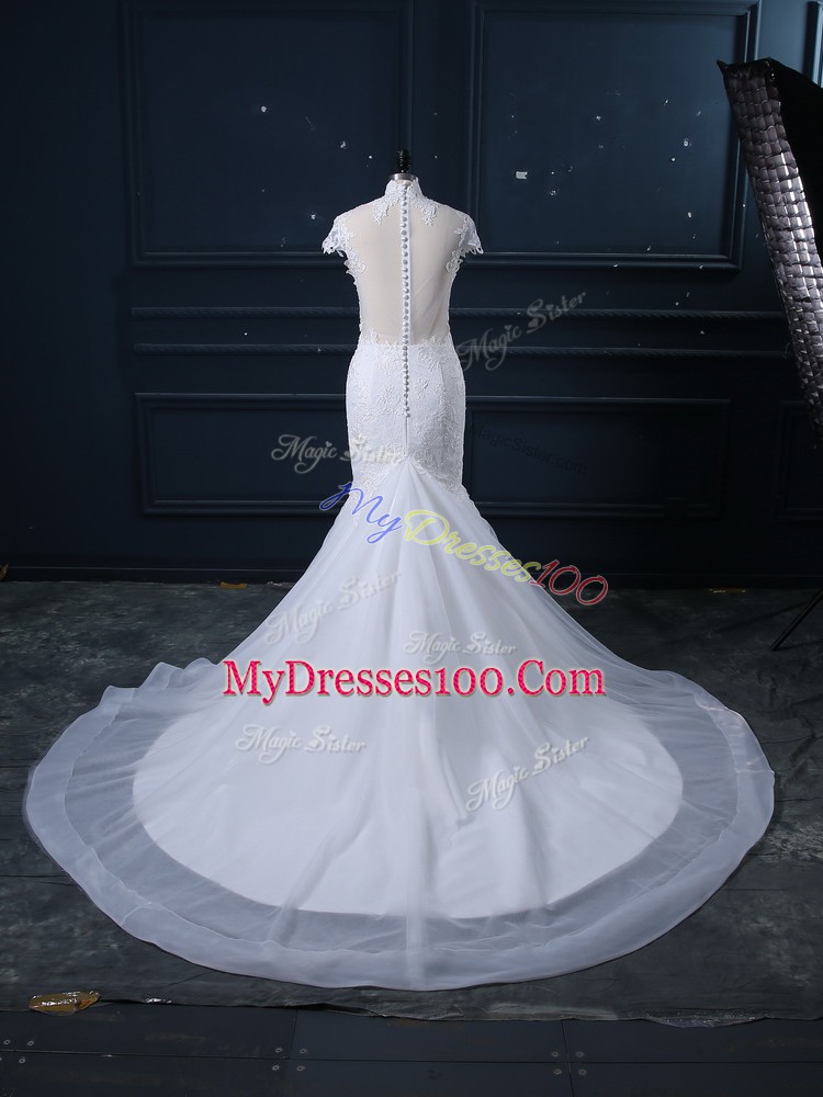 Spectacular White Clasp Handle Scoop Lace Wedding Gowns Tulle Sleeveless Brush Train