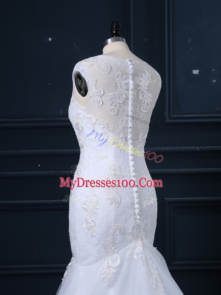 Spectacular White Clasp Handle Scoop Lace Wedding Gowns Tulle Sleeveless Brush Train