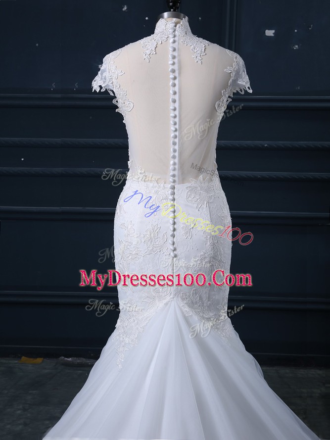 Spectacular White Clasp Handle Scoop Lace Wedding Gowns Tulle Sleeveless Brush Train