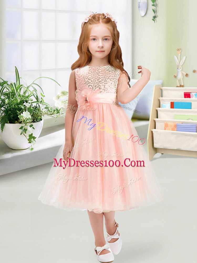 Baby Pink Scoop Zipper Sequins and Hand Made Flower Flower Girl Dress Sleeveless