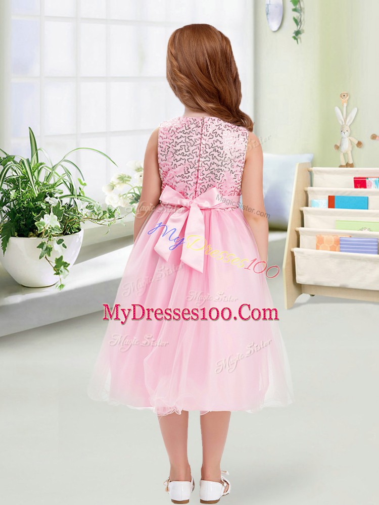 Baby Pink Scoop Zipper Sequins and Hand Made Flower Flower Girl Dress Sleeveless
