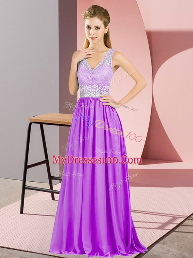 V-neck Sleeveless Chiffon Prom Dresses Beading and Lace Backless
