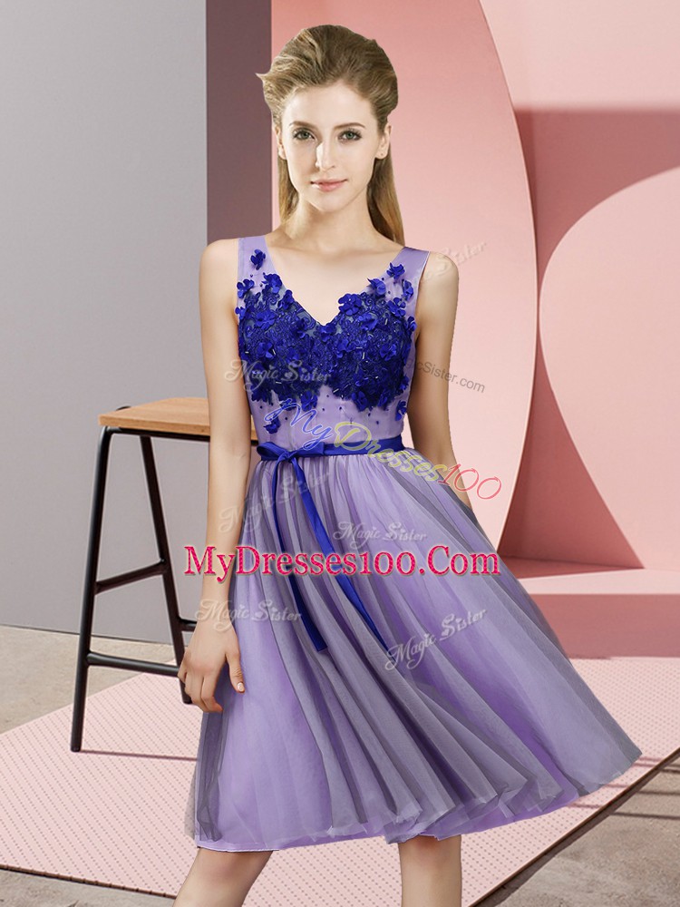 Decent Sleeveless Tulle Knee Length Lace Up Bridesmaid Dresses in Lavender with Appliques